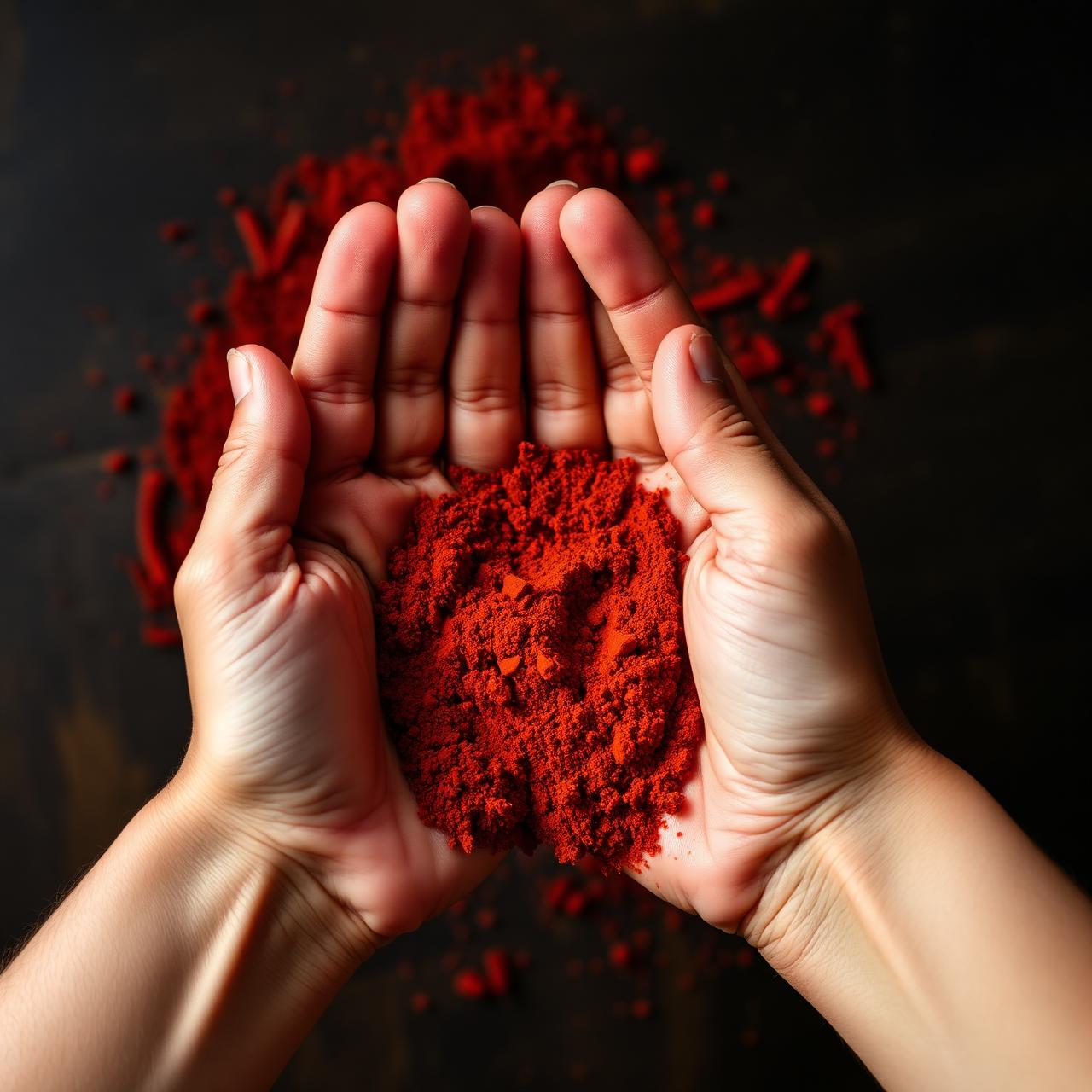 Hands holding fresh red chilli powder