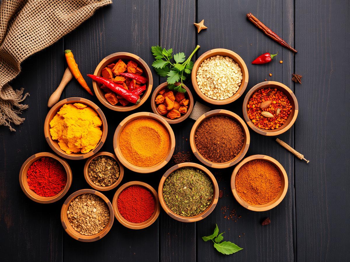 Assortment of Pakistani spices in wooden bowls