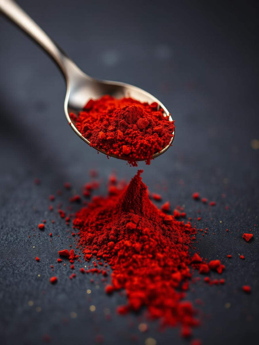 Red chilli powder cascading from a spoon