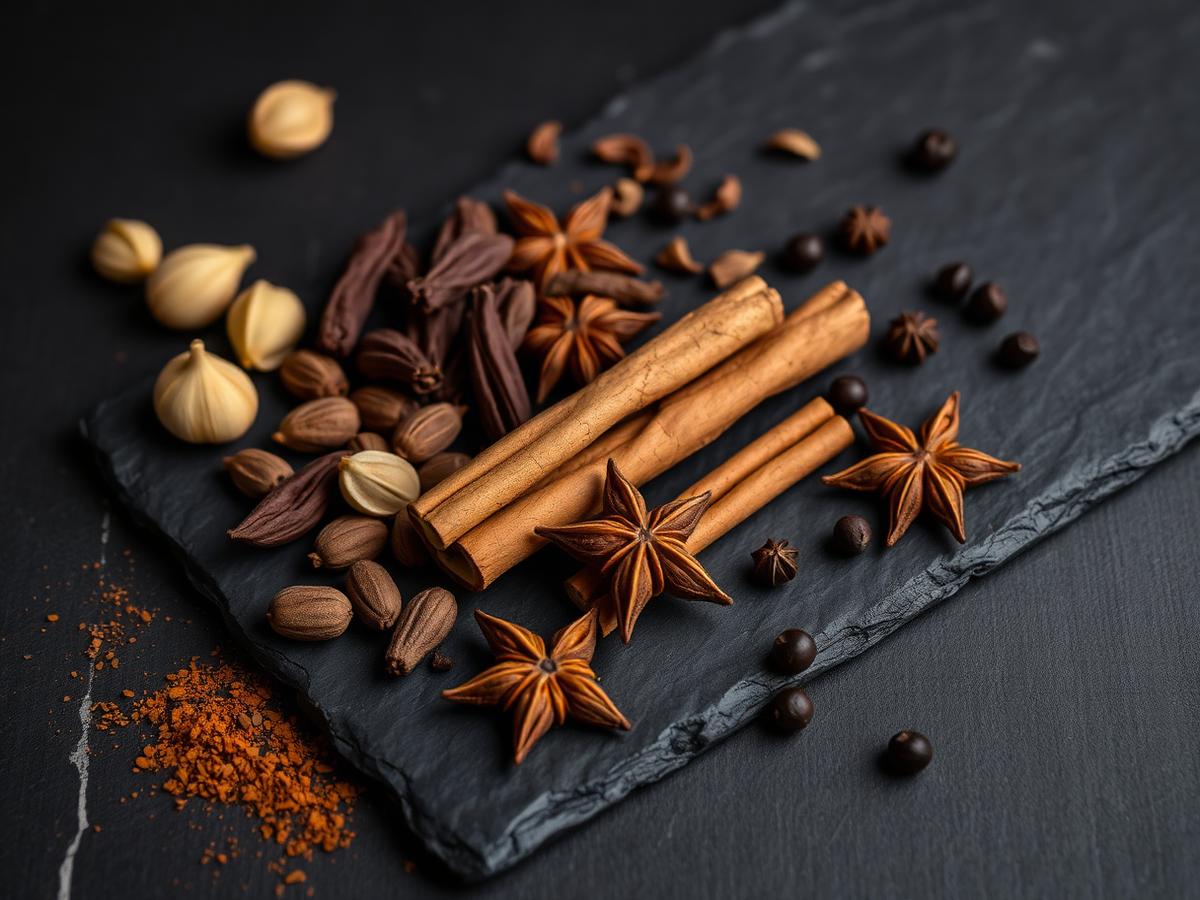 Whole spices — cinnamon, star anise, cardamom