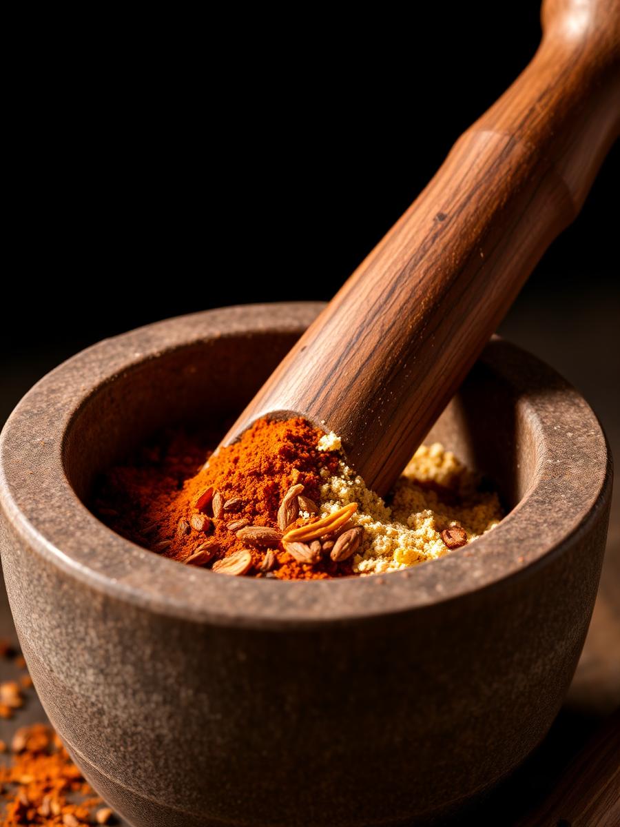 Stone mortar and pestle grinding fresh spices
